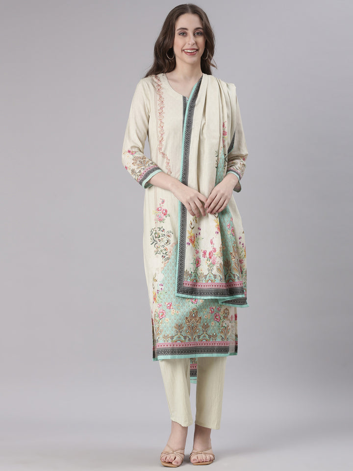 Neerus Off White Printed Straight Kurta and Trousers With Dupatta