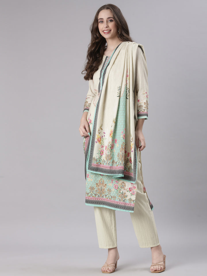 Neerus Off White Printed Straight Kurta and Trousers With Dupatta