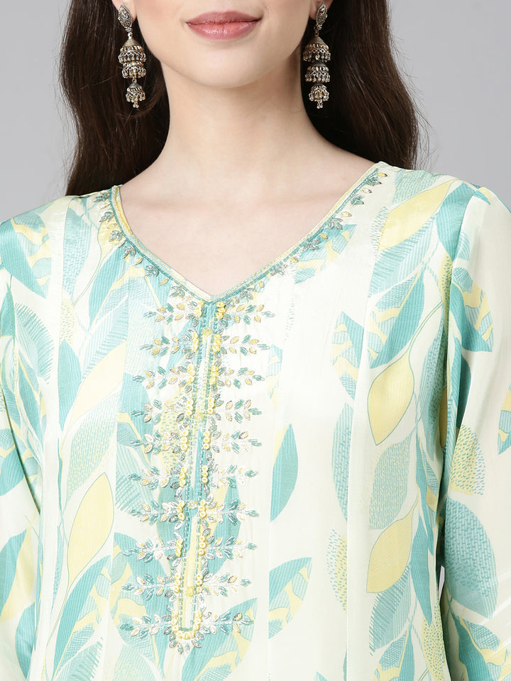 Neerus Sea Green Printed Straight Kurta and Trousers With Dupatta