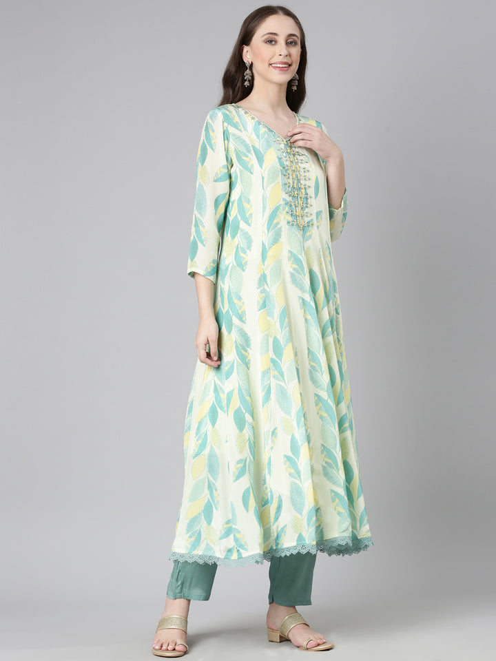 Neerus Sea Green Printed Straight Kurta and Trousers With Dupatta