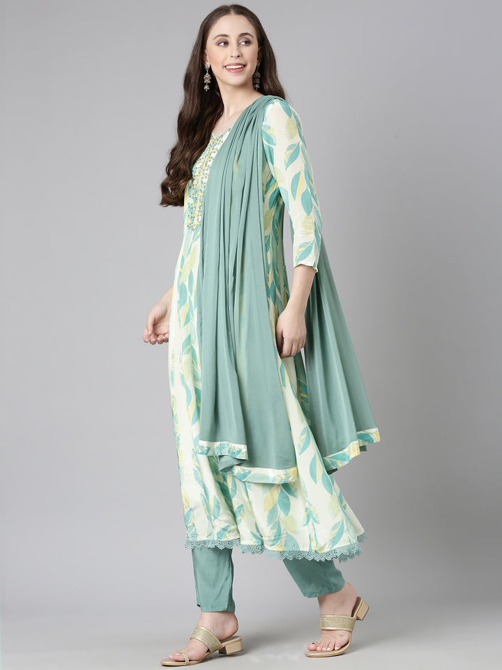 Neerus Sea Green Printed Straight Kurta and Trousers With Dupatta