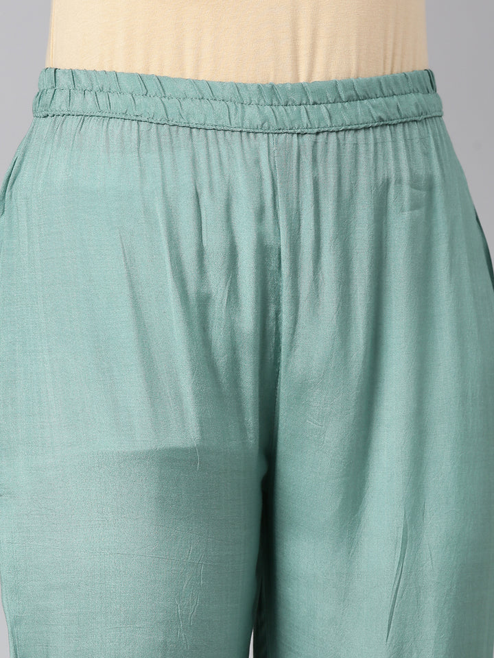 Neerus Sea Green Printed Straight Kurta and Trousers With Dupatta