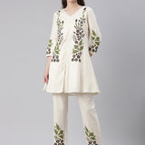 Neerus Cream Casual Embroidered Kurti with Trousers