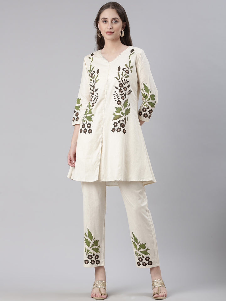 Neerus Cream Casual Embroidered Kurti with Trousers