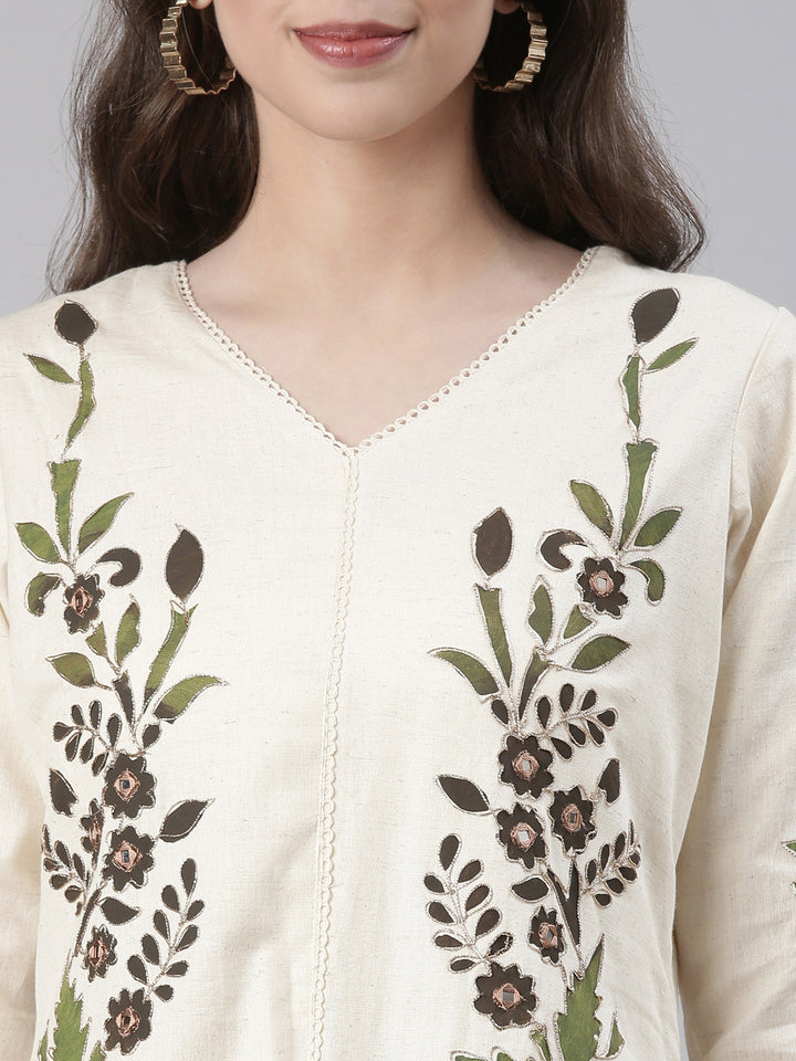 Neerus Cream Casual Embroidered Kurti with Trousers