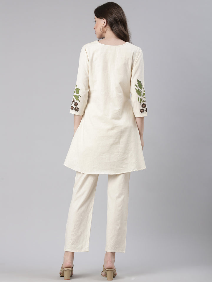 Neerus Cream Casual Embroidered Kurti with Trousers