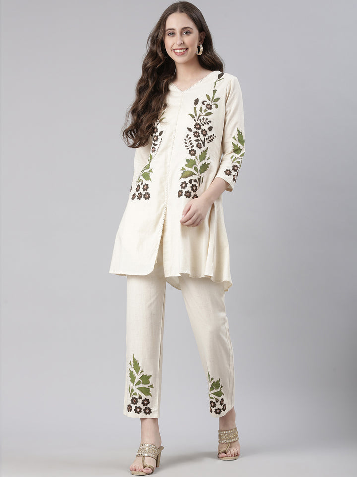Neerus Cream Casual Embroidered Kurti with Trousers