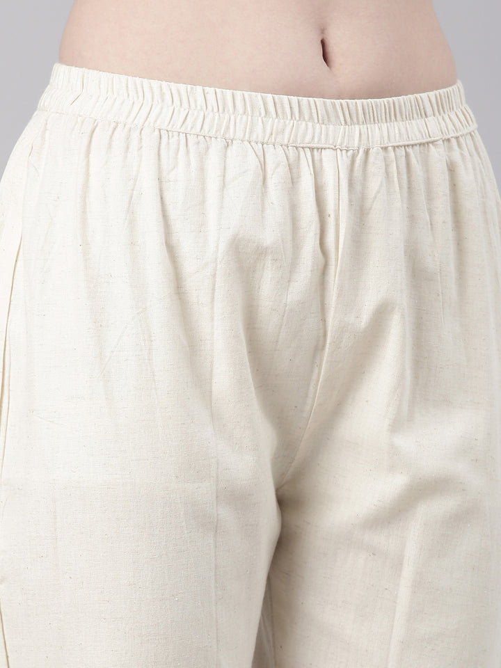 Neerus Cream Casual Embroidered Kurti with Trousers