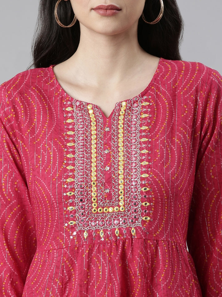 Neerus Multi printed mirror work pleated suit set - detail view 1