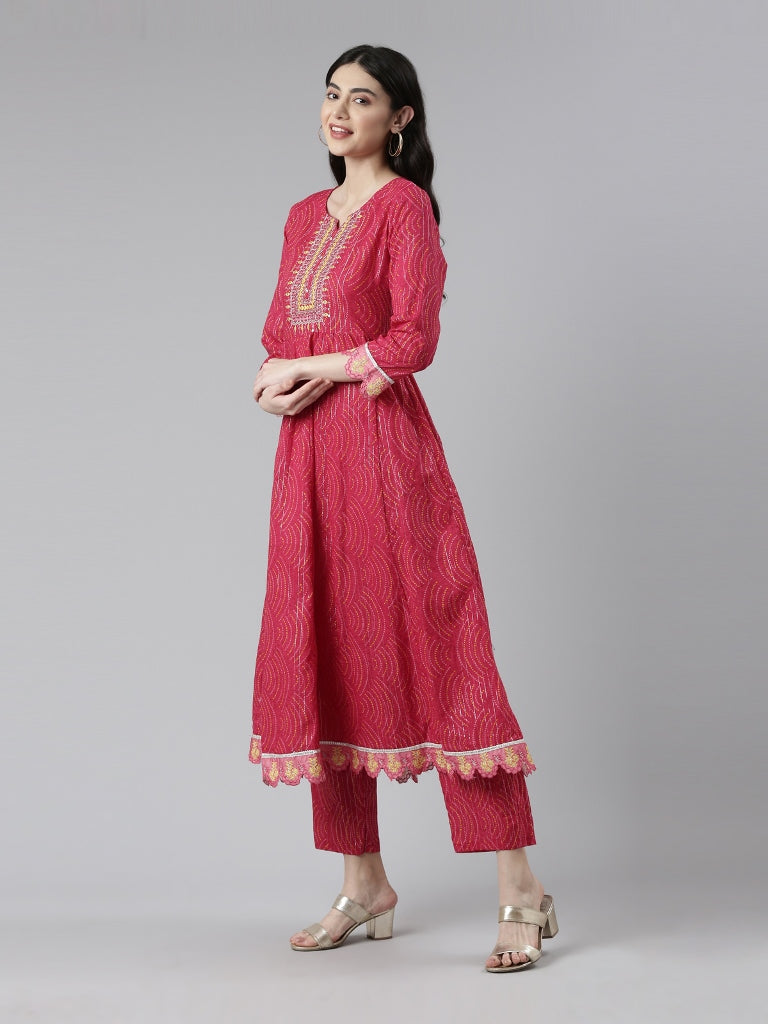 Neerus Women Ethnic Motifs Printed Pleated Mirror Work Kurta with Trousers Dupatta