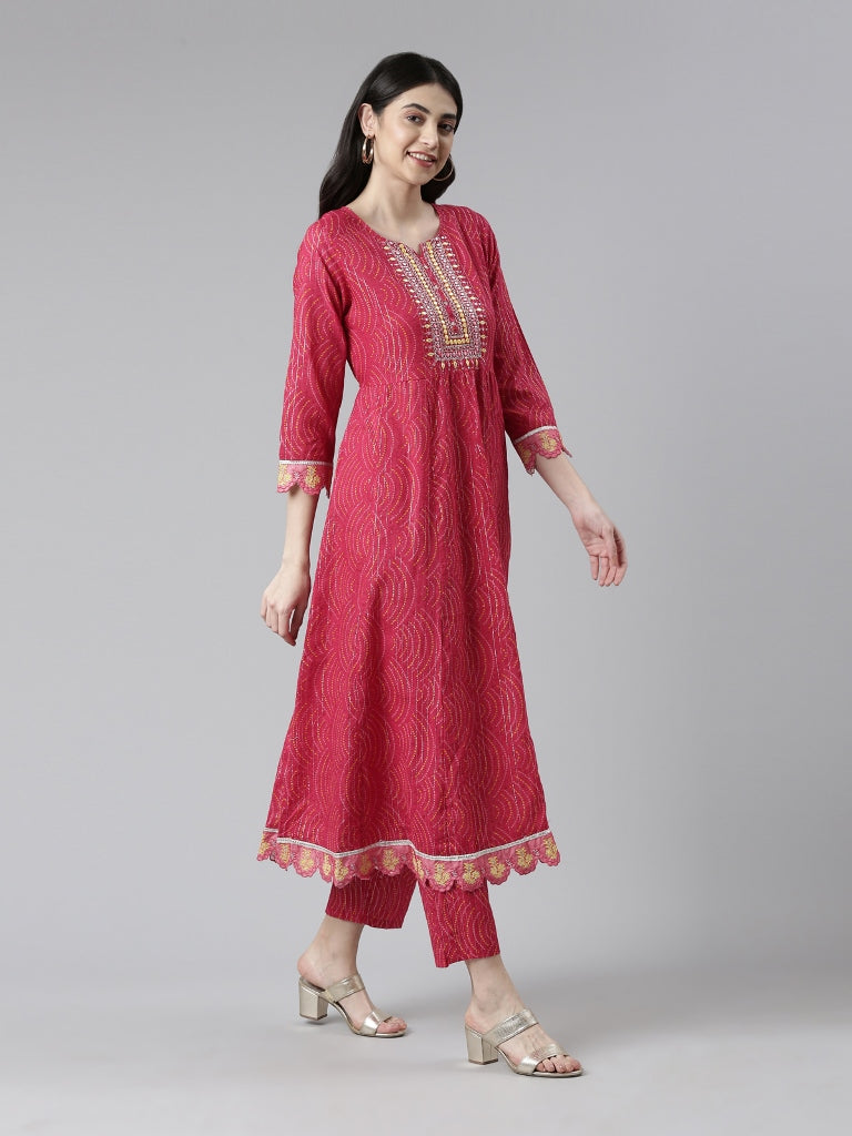 Neerus Women Ethnic Motifs Printed Pleated Mirror Work Kurta with Trousers Dupatta
