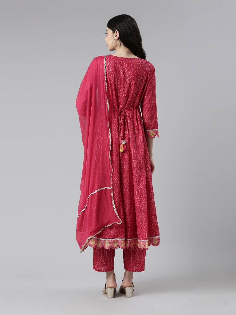 Neerus Women Ethnic Motifs Printed Pleated Mirror Work Kurta with Trousers Dupatta