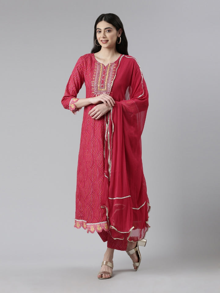Neerus Multi printed mirror work pleated suit set - front view