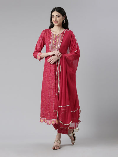 Neerus Women Ethnic Motifs Printed Pleated Mirror Work Kurta with Trousers Dupatta