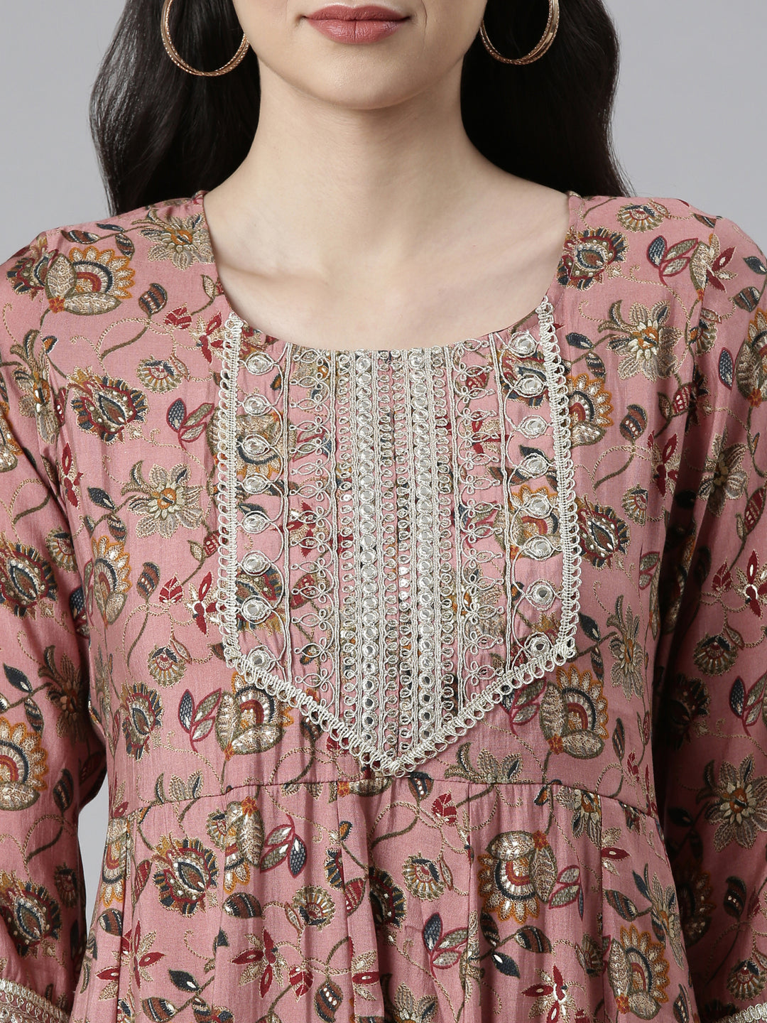 Neerus Women Floral Printed Pleated Zardozi Kurta with Trousers & Dupatta