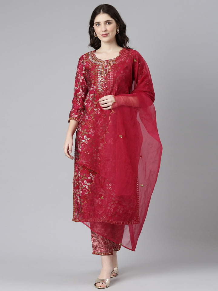 Neerus Pink printed straight kurta set with dupatta - front view