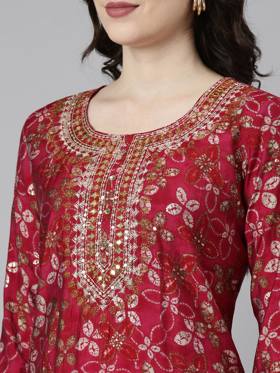 Neerus Pink printed straight kurta set with dupatta - detail view 1