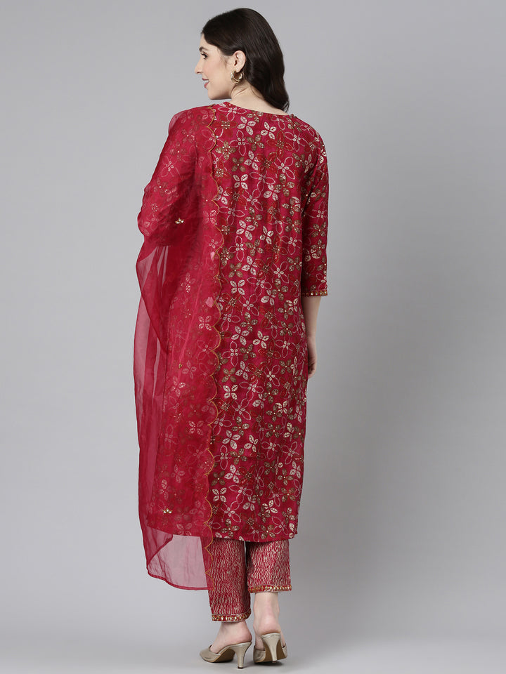 Neerus Pink printed straight kurta set with dupatta - side view