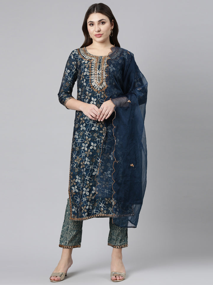 Neerus Green printed straight kurta set with dupatta - front view