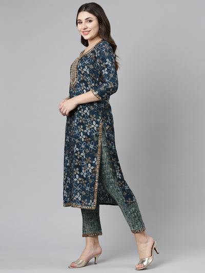 Neerus Green Regular Straight Printed Kurta And Trousers With Dupatta