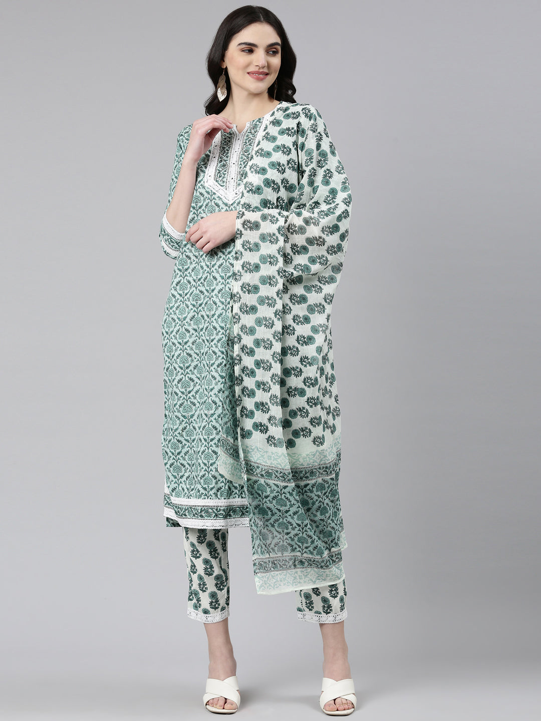 Neerus Green cotton printed kurta set with trouser and dupatta - front view
