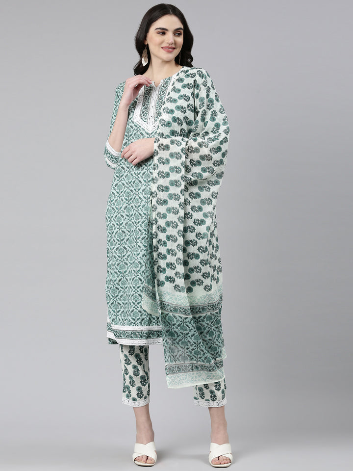 Neerus Green cotton printed kurta set with trouser and dupatta - front view