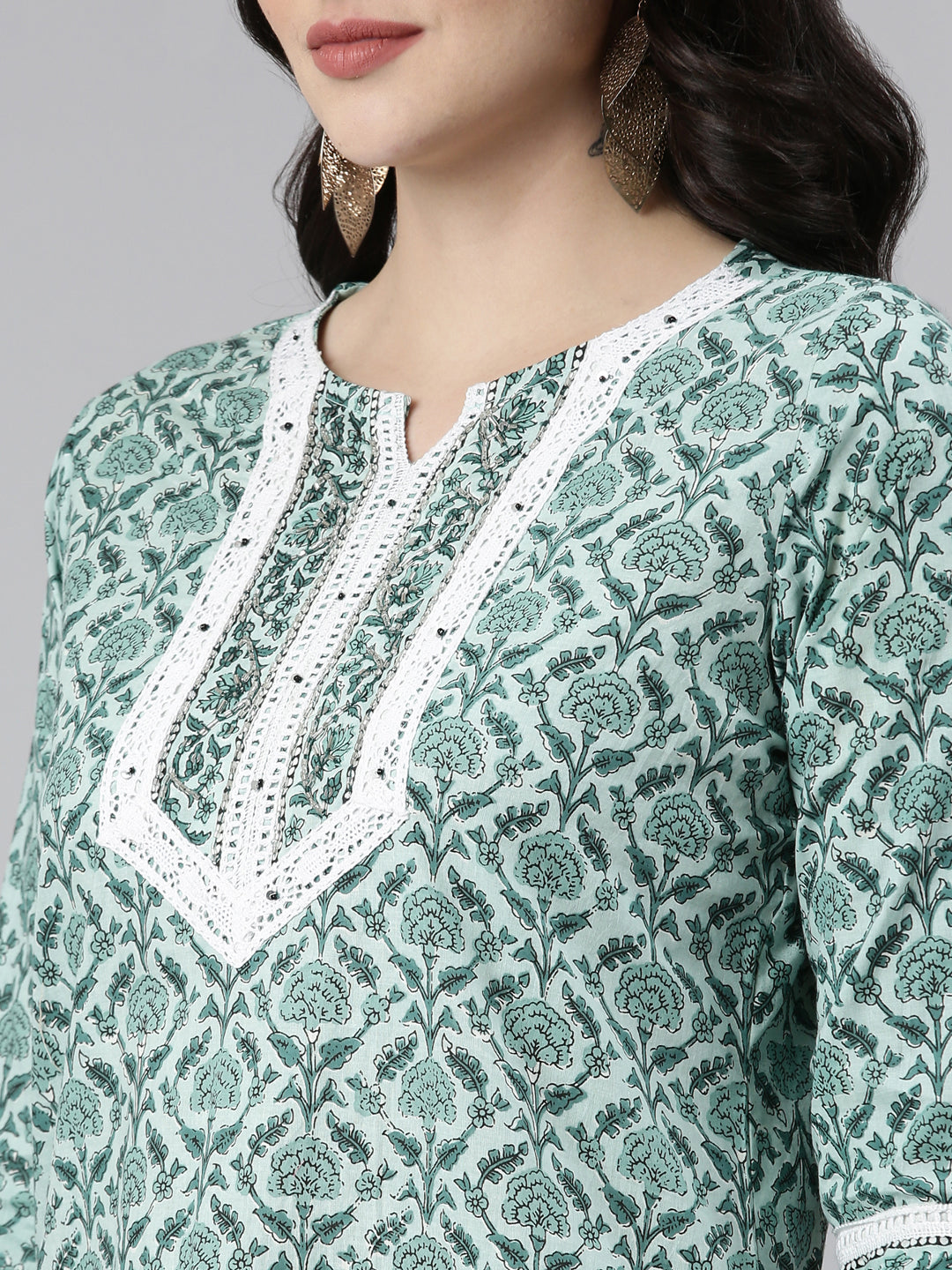Neerus Green cotton printed kurta set with trouser and dupatta - detail view 1