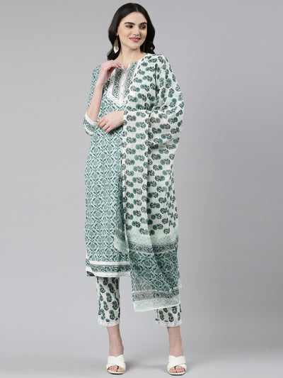 Neerus Green Regular Straight Printed Kurta And Trousers With Dupatta