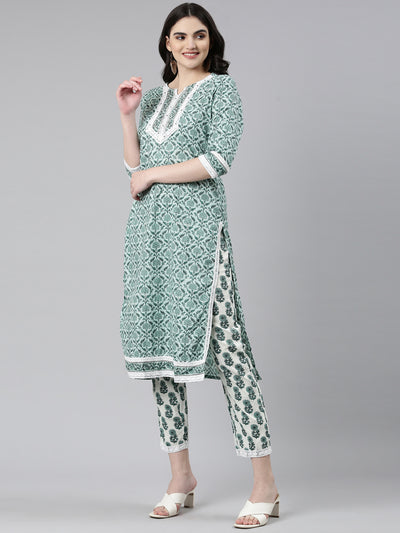Neerus Green Regular Straight Printed Kurta And Trousers With Dupatta