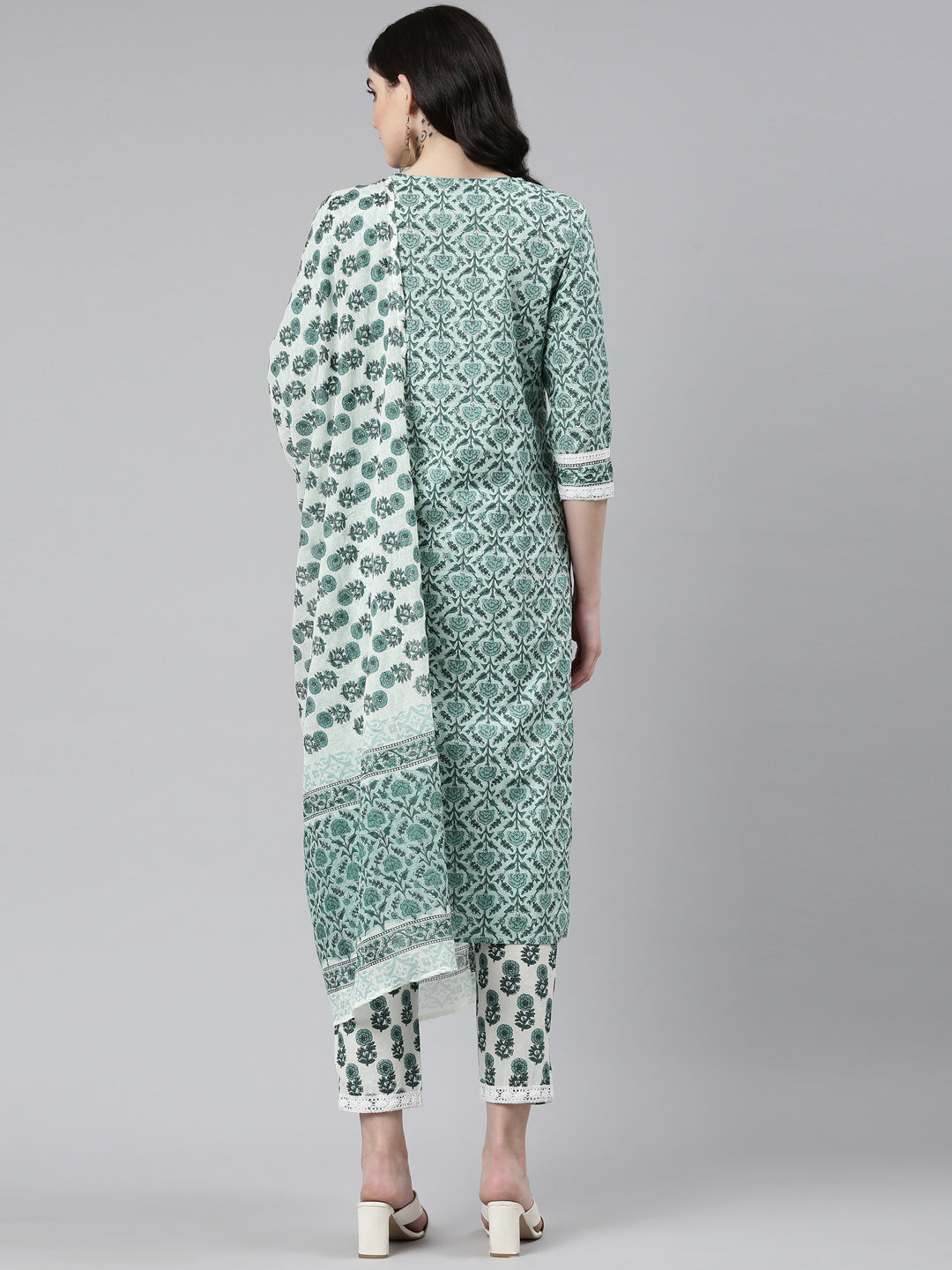 Neerus Green cotton printed kurta set with trouser and dupatta - side view