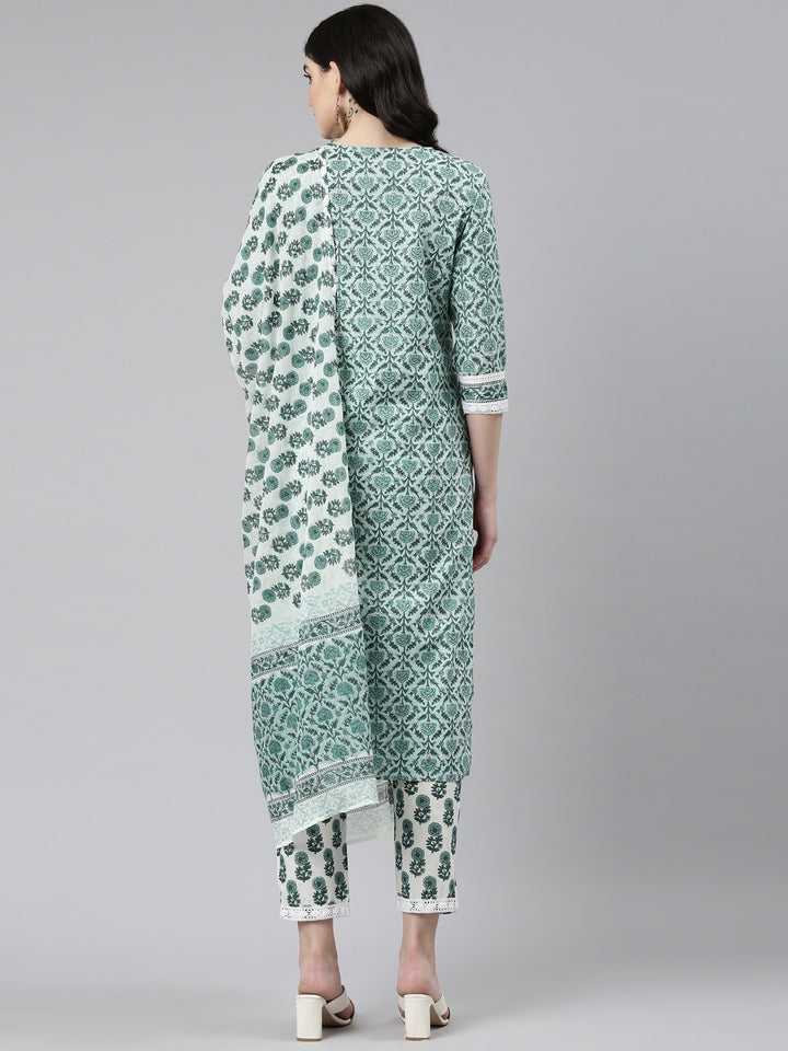Neerus Green cotton printed kurta set with trouser and dupatta - side view