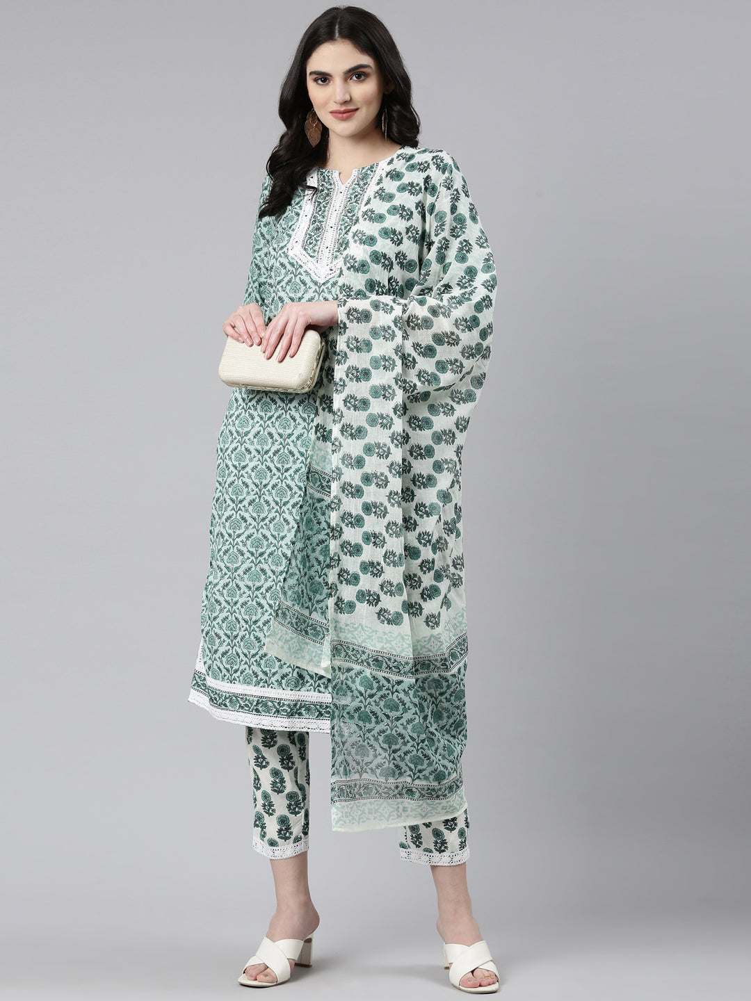 Neerus Green cotton printed kurta set with trouser and dupatta - detail view 2