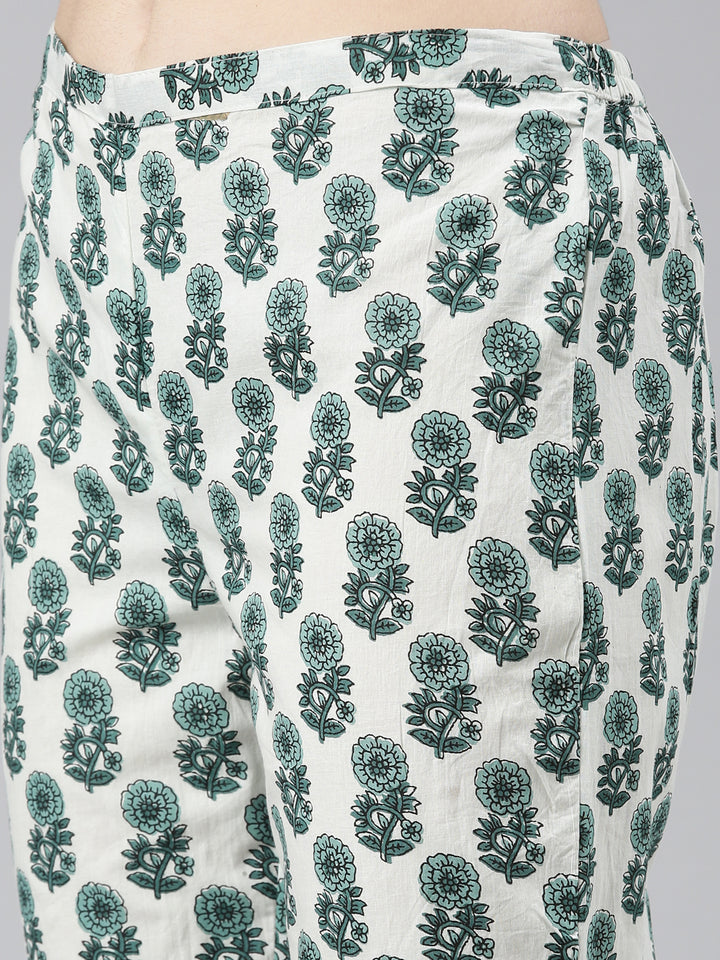 Neerus Green cotton printed kurta set with trouser and dupatta - detail view 3