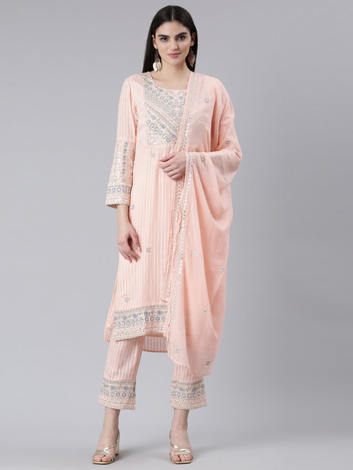 Neerus Peach Regular Straight Printed Kurta And Trousers With Dupatta
