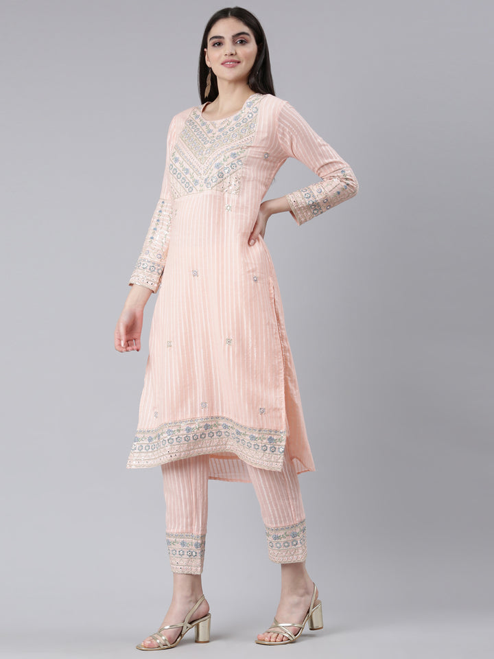Neerus Peach Regular Straight Printed Kurta And Trousers With Dupatta