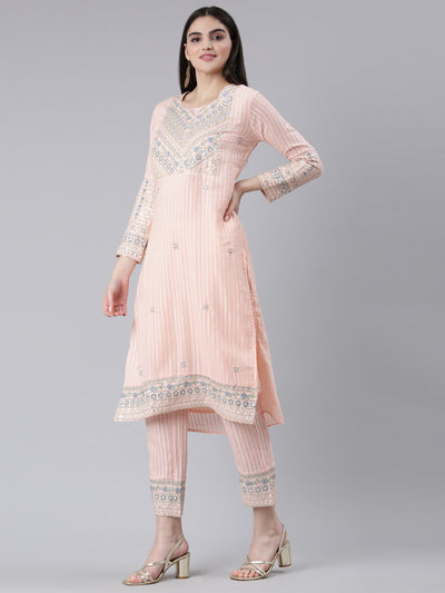 Neeru's Peach Regular Straight Printed Kurta And Trousers With Dupatta