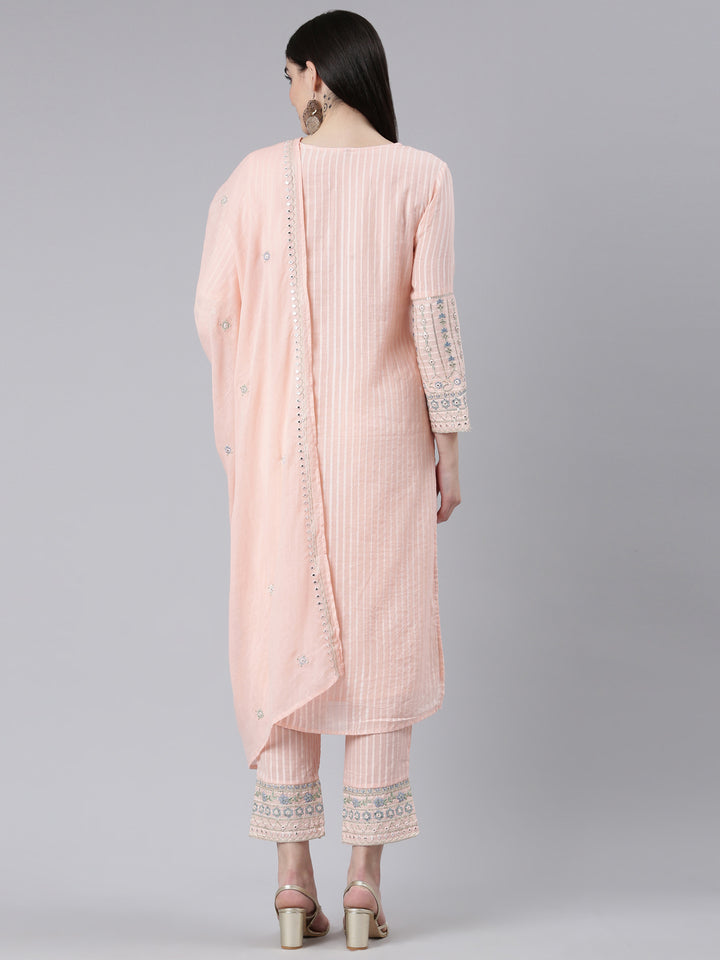 Neerus Peach Regular Straight Printed Kurta And Trousers With Dupatta