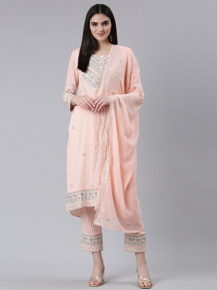 Neerus Peach Regular Straight Printed Kurta And Trousers With Dupatta