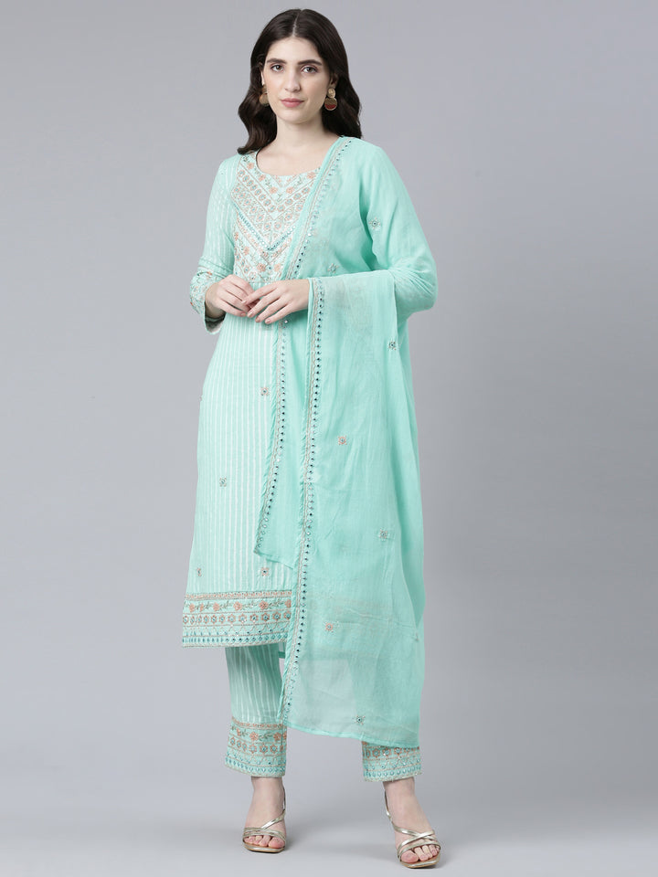 Neerus Green cotton printed kurta set with trouser and dupatta - front view