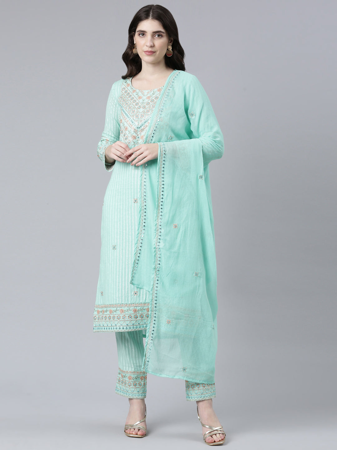 Neerus Sea Green Regular Straight Printed Kurta And Trousers With Dupatta