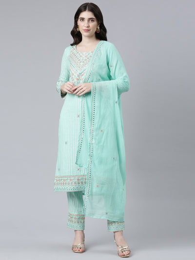 Neerus Sea Green Regular Straight Printed Kurta And Trousers With Dupatta