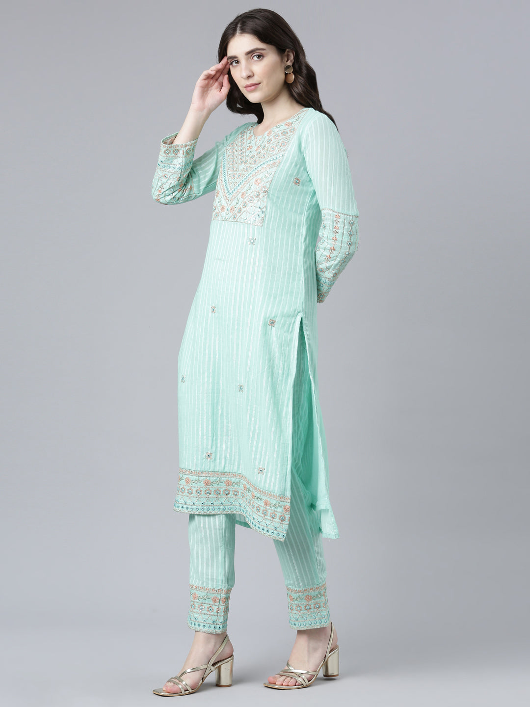 Neerus Sea Green Regular Straight Printed Kurta And Trousers With Dupatta