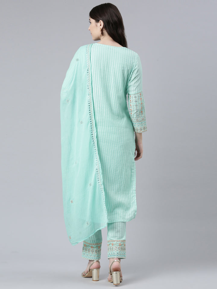 Neerus Green cotton printed kurta set with trouser and dupatta - side view