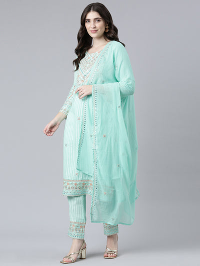Neerus Sea Green Regular Straight Printed Kurta And Trousers With Dupatta