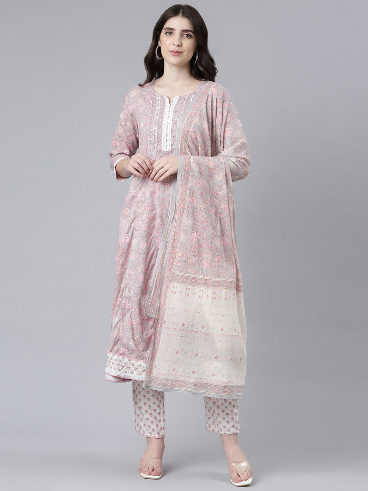 Neerus Pink cotton printed kurta set with trouser and dupatta - front view