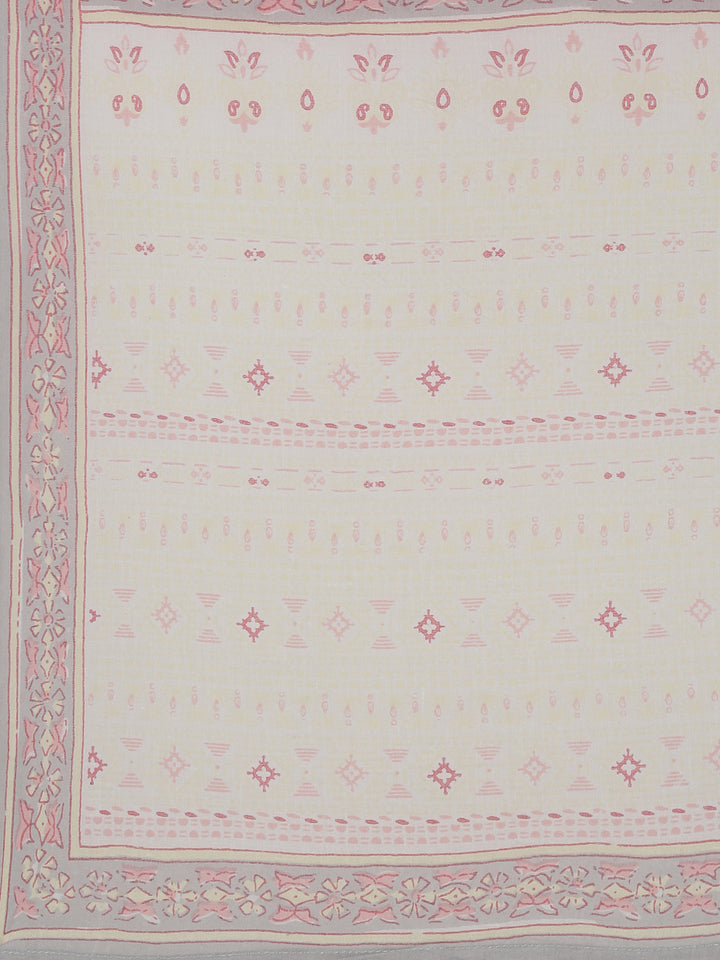 Neerus Pink cotton printed kurta set with trouser and dupatta - detail view 3