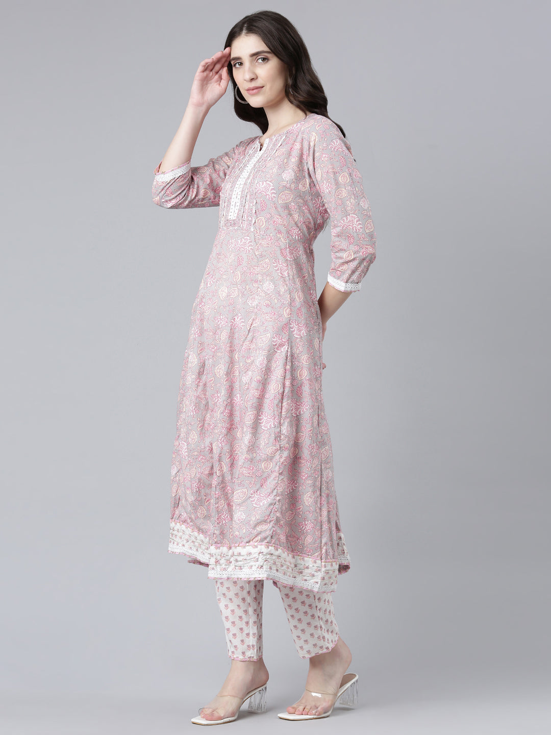 Neerus Pink cotton printed kurta set with trouser and dupatta - back view