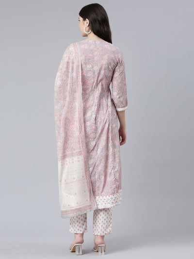 Neerus Pink Pleated Straight Printed Kurta And Trousers With Dupatta