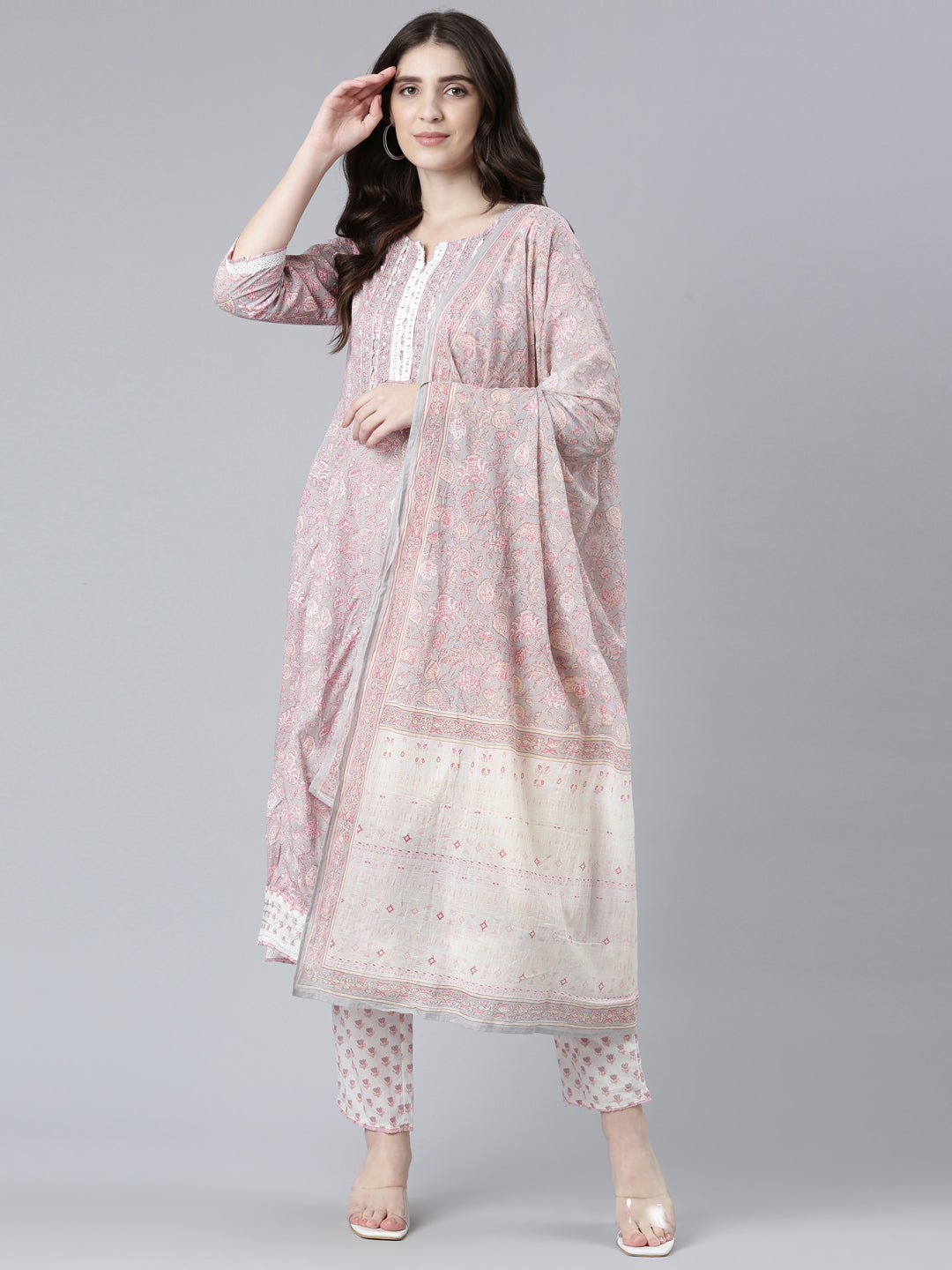 Neerus Pink cotton printed kurta set with trouser and dupatta - detail view 2