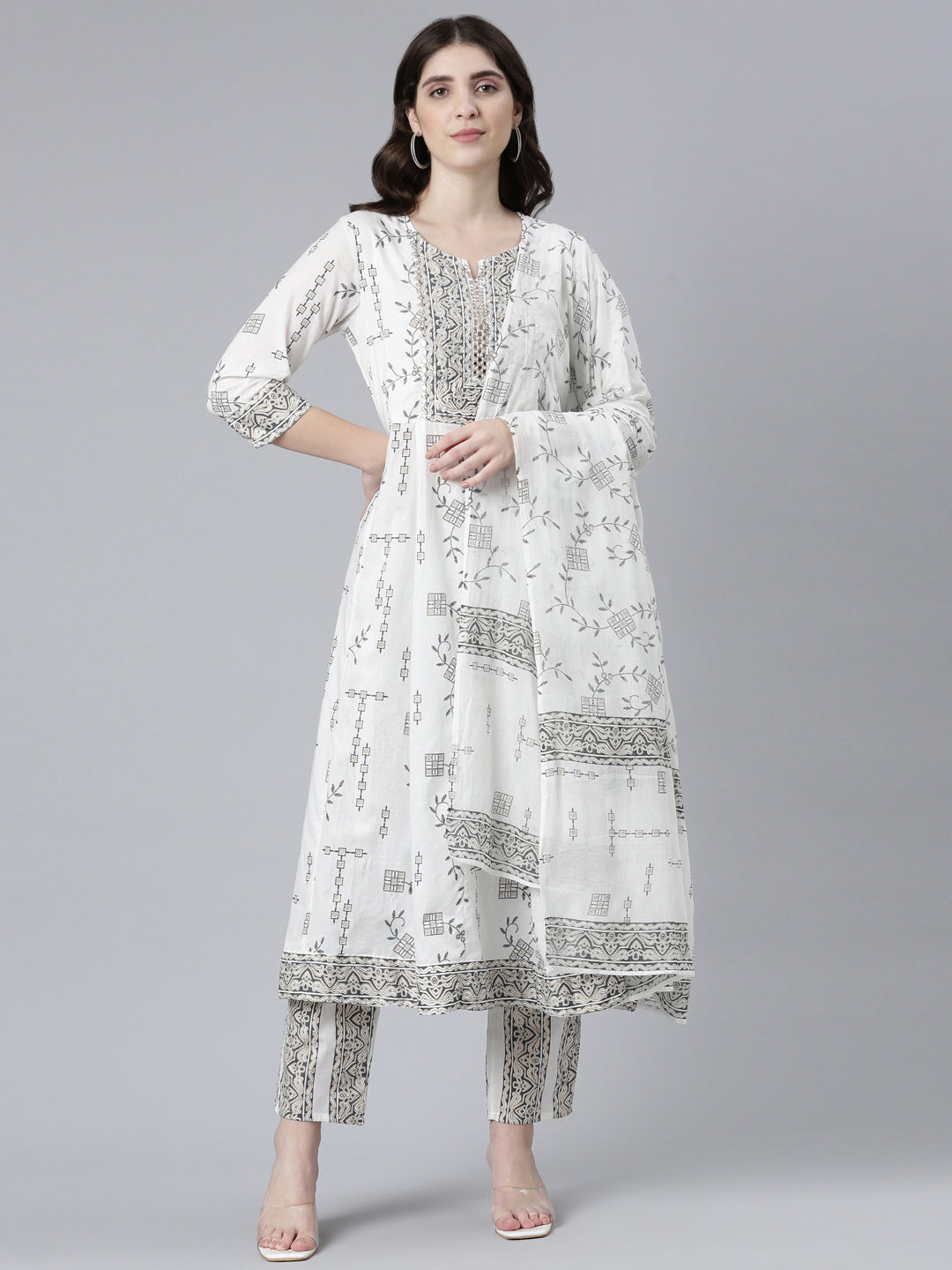Neerus White cotton printed kurta set with trouser and dupatta - front view